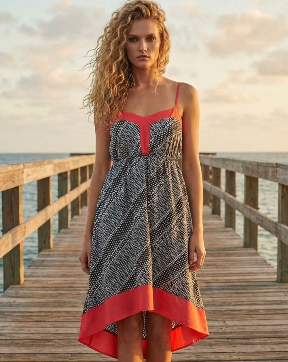 Maurices Black & White Geometric Print High-Low Dress with Coral Trim, Size XL